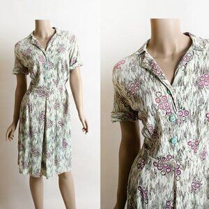 Vintage 1940s Dress - Jersey Novelty Print Circle Rings 40s Buttons Small